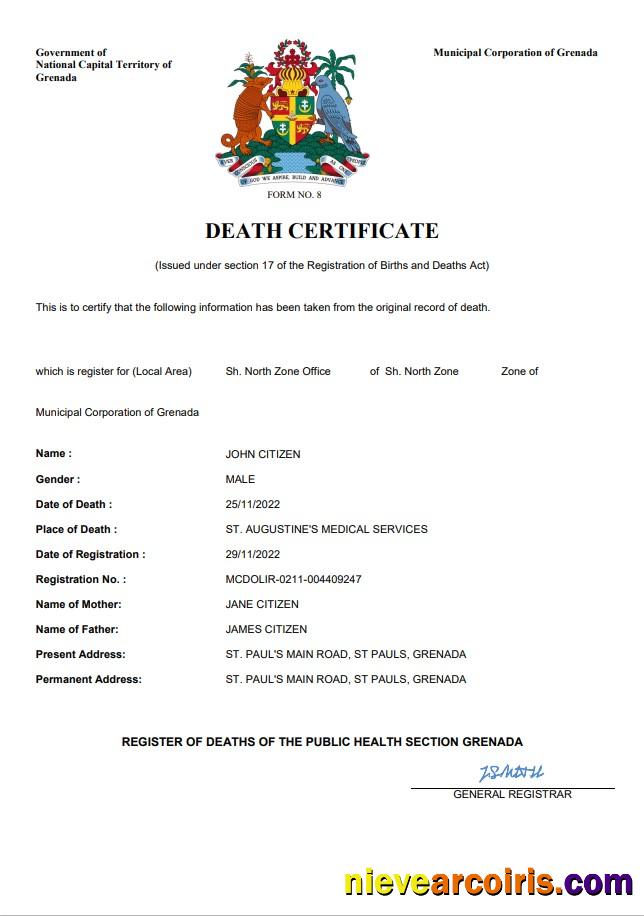 Grenada vital record death certificate